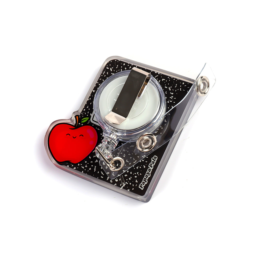 Back of the Apple A+ shaker badge reel showing the standard badge clip.