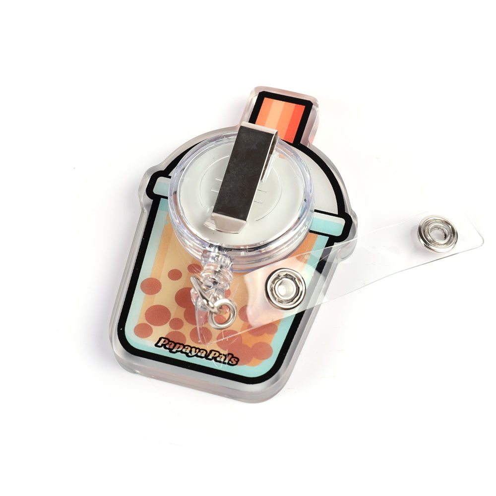 Back of the Bobalicious shaker badge reel showing the standard badge clip.