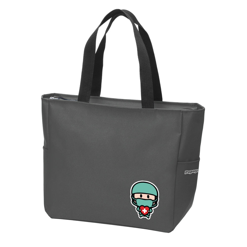 Side view of Papaya Pals Essential Zip Tote Bag in a sleek, minimalist design with durable fabric, zip closure, and sturdy black handles in charcoal color.