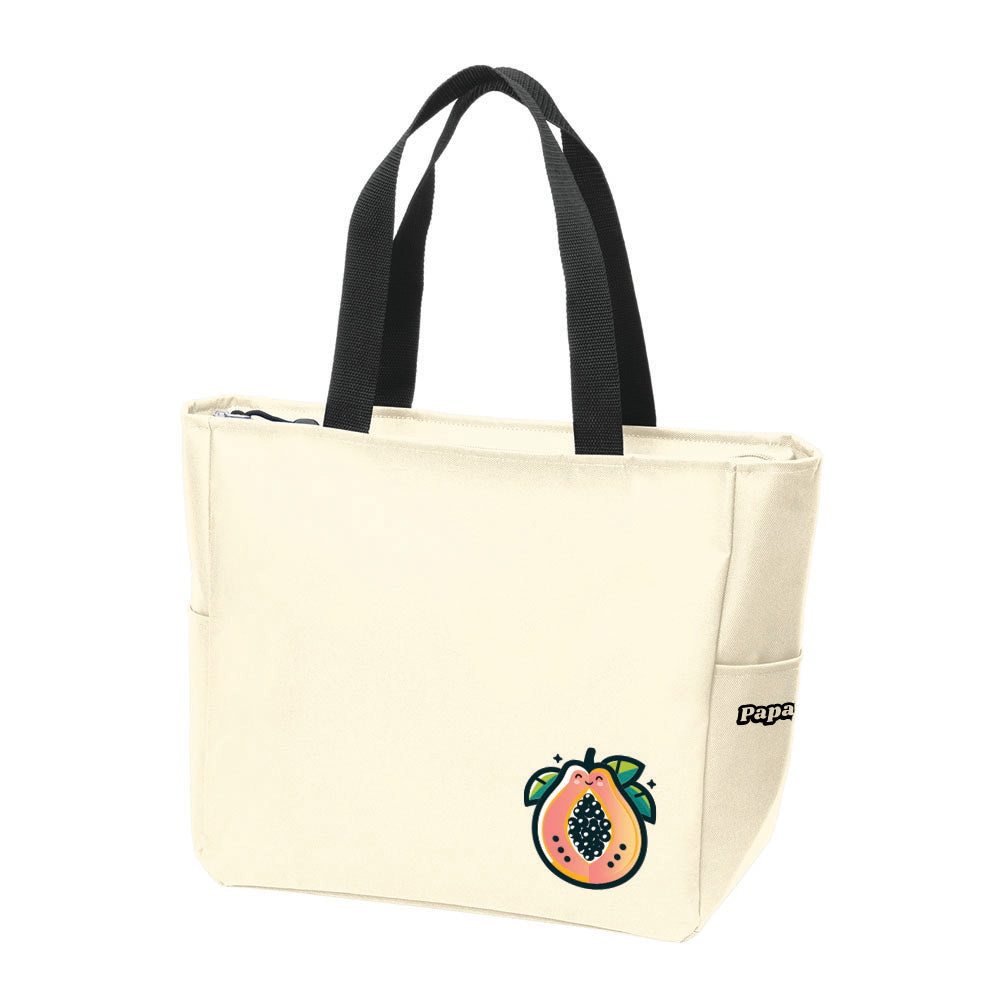 Side view of Papaya Pals Essential Zip Tote Bag in a sleek, minimalist design with durable fabric, zip closure, and sturdy black handles in cream color.