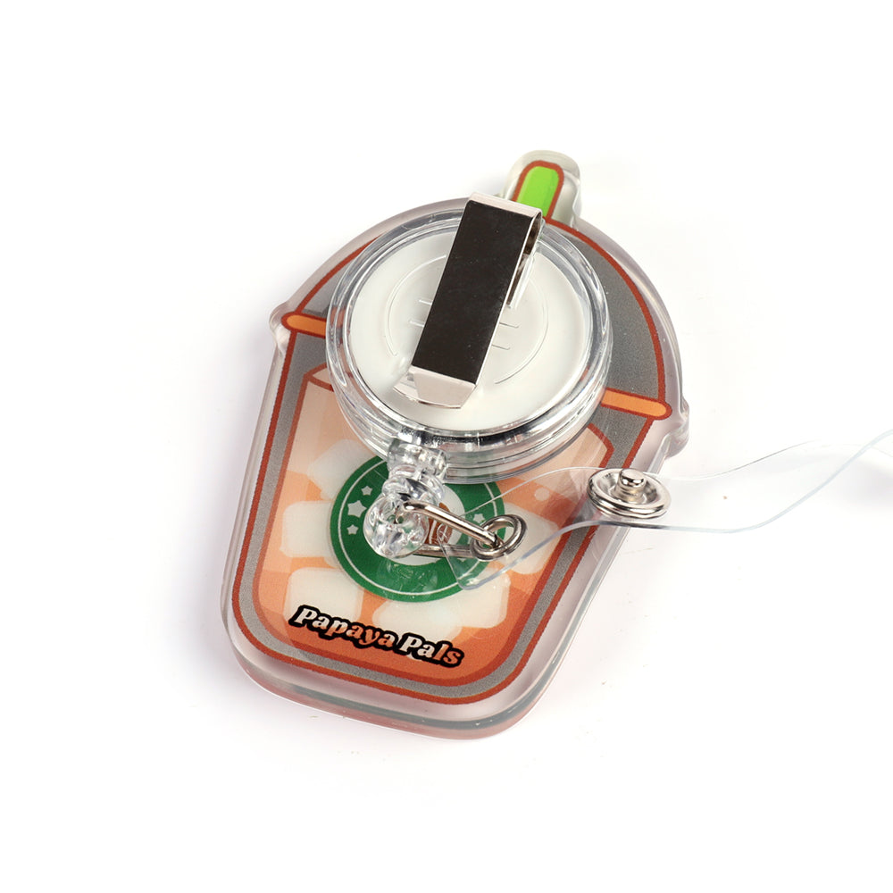 Back of the Iced Coffee Charm shaker badge reel showing the standard badge clip attachment.