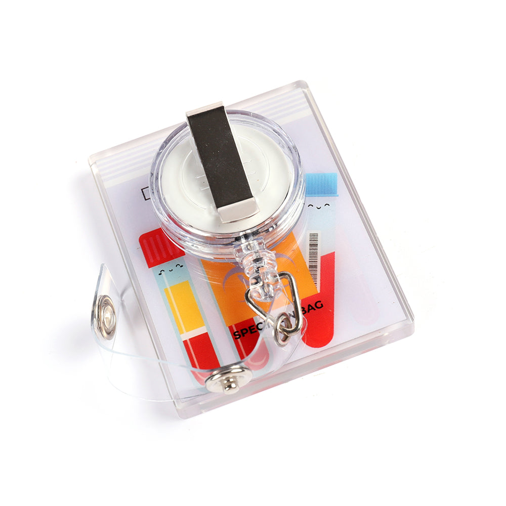 Back of the Lab Love shaker badge reel showing the standard badge clip attachment.