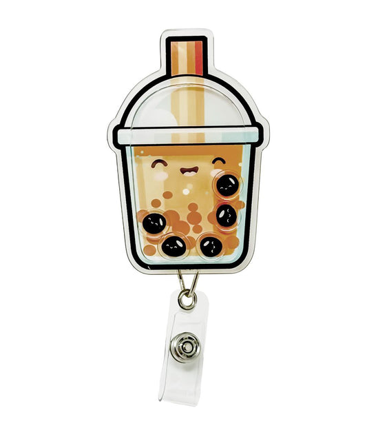 Bobalicious shaker badge reel by Papaya Pals, featuring a fun and colorful bubble tea design with floating boba elements inside a clear casing, perfect for boba lovers who want to add a playful vibe to their work outfit.