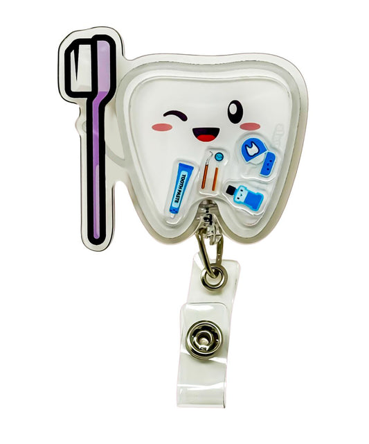 Bright Smiles shaker badge reel by Papaya Pals, featuring a cheerful dental theme with sparkling shaker elements inside a clear casing, perfect for dental professionals who want to add a touch of brightness to their work attire.