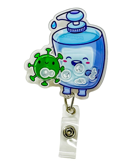 Bubbly Germ Buster shaker badge reel by Papaya Pals, showcasing a fun, germ-fighting theme with bubbly elements inside a clear casing, ideal for healthcare professionals who want to add a cheerful touch to their daily routine.