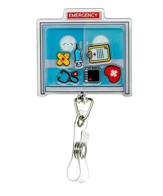 ER Hero shaker badge reel by Papaya Pals, featuring a bold emergency room theme with vibrant shaker elements inside a clear casing, perfect for ER professionals who want to proudly display their heroic role with style.