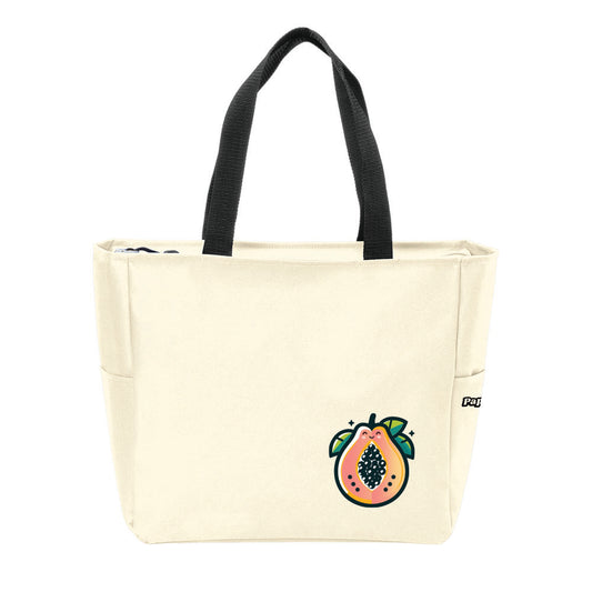 Papaya Pals Essential Zip Tote Bag in a sleek, minimalist design with durable fabric, zip closure, and sturdy black handles in cream color.