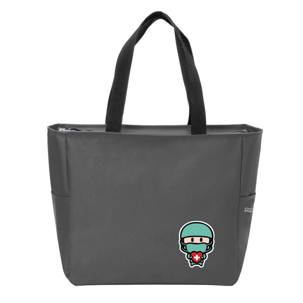 Papaya Pals Essential Zip Tote Bag in a sleek, minimalist design with durable fabric, zip closure, and sturdy black handles in charcoal color.