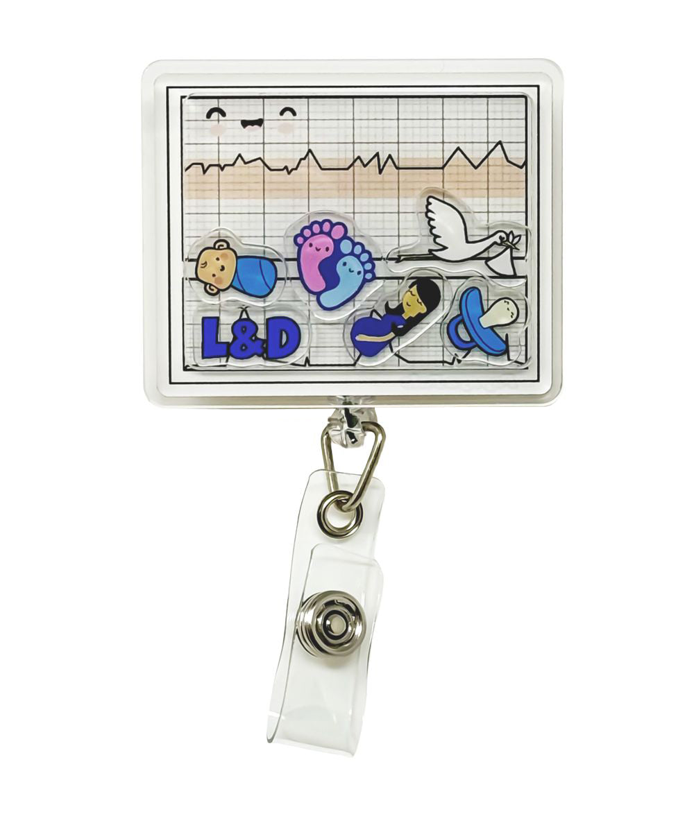 L&D Charm shaker badge reel by Papaya Pals, showcasing a charming labor and delivery theme with colorful, floating elements inside a clear casing, ideal for L&D professionals looking to brighten up their workday.
