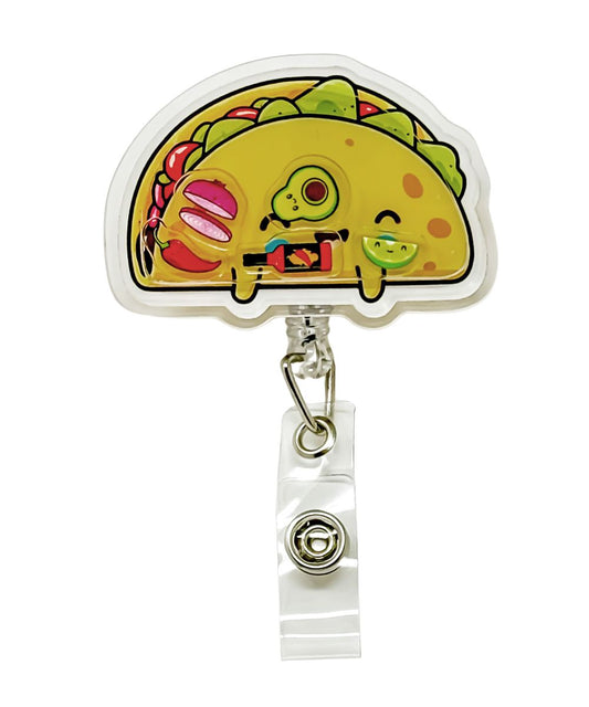 Taco Tuesday, a taco-themed shaker badge reel by Papaya Pals, featuring a fun taco design with colorful shaker elements inside a clear casing, perfect for taco lovers who want to bring a festive, foodie vibe to their work outfit.